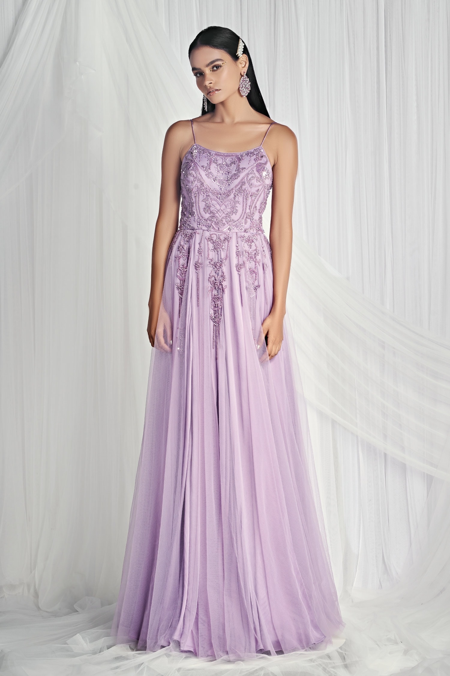 Buy Mala and Kinnary Purple Soft Net Embellished Gown Online | Aza Fashions