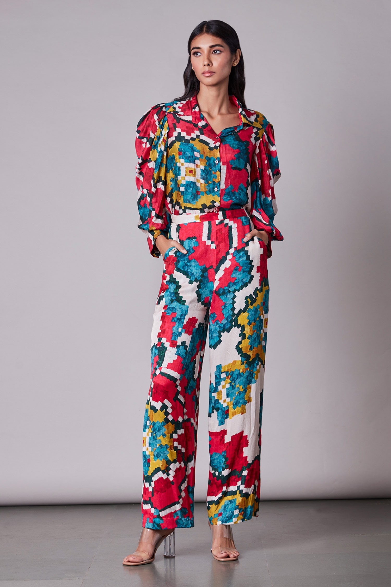 Buy Multi Color Satin Ikat Print Trousers For Women by Saaksha & Kinni ...