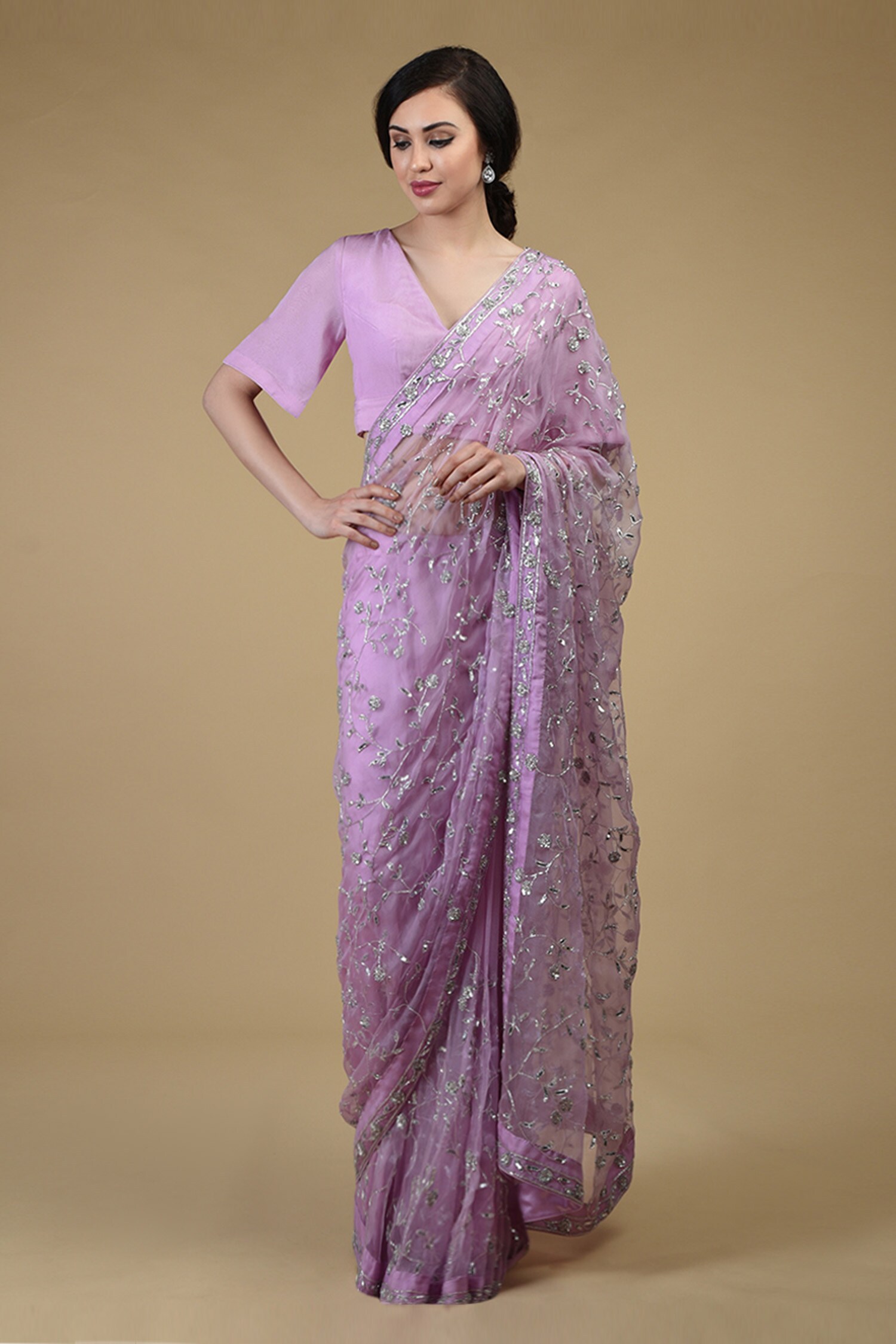Buy Talking Threads Purple Organza Embroidered Saree With Blouse Online 