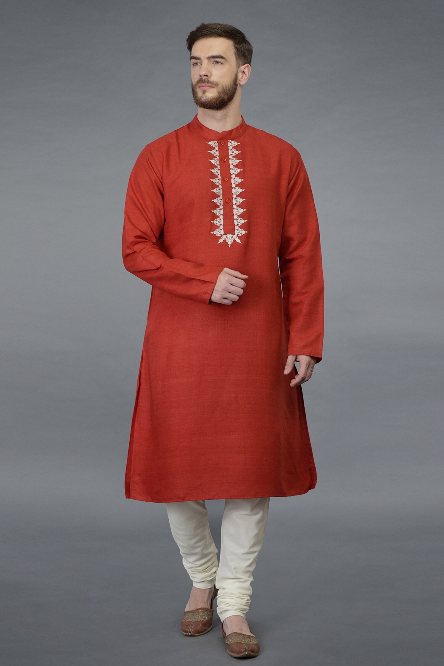 Buy Red Pure Matka Silk Embroidered Floral Full Sleeve Kurta For Men by
