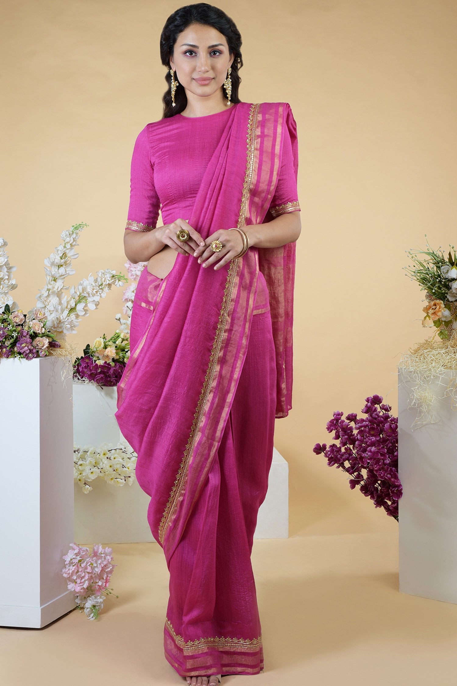 Buy Talking Threads Pink Linen Silk Saree And Blouse Set Online Aza 