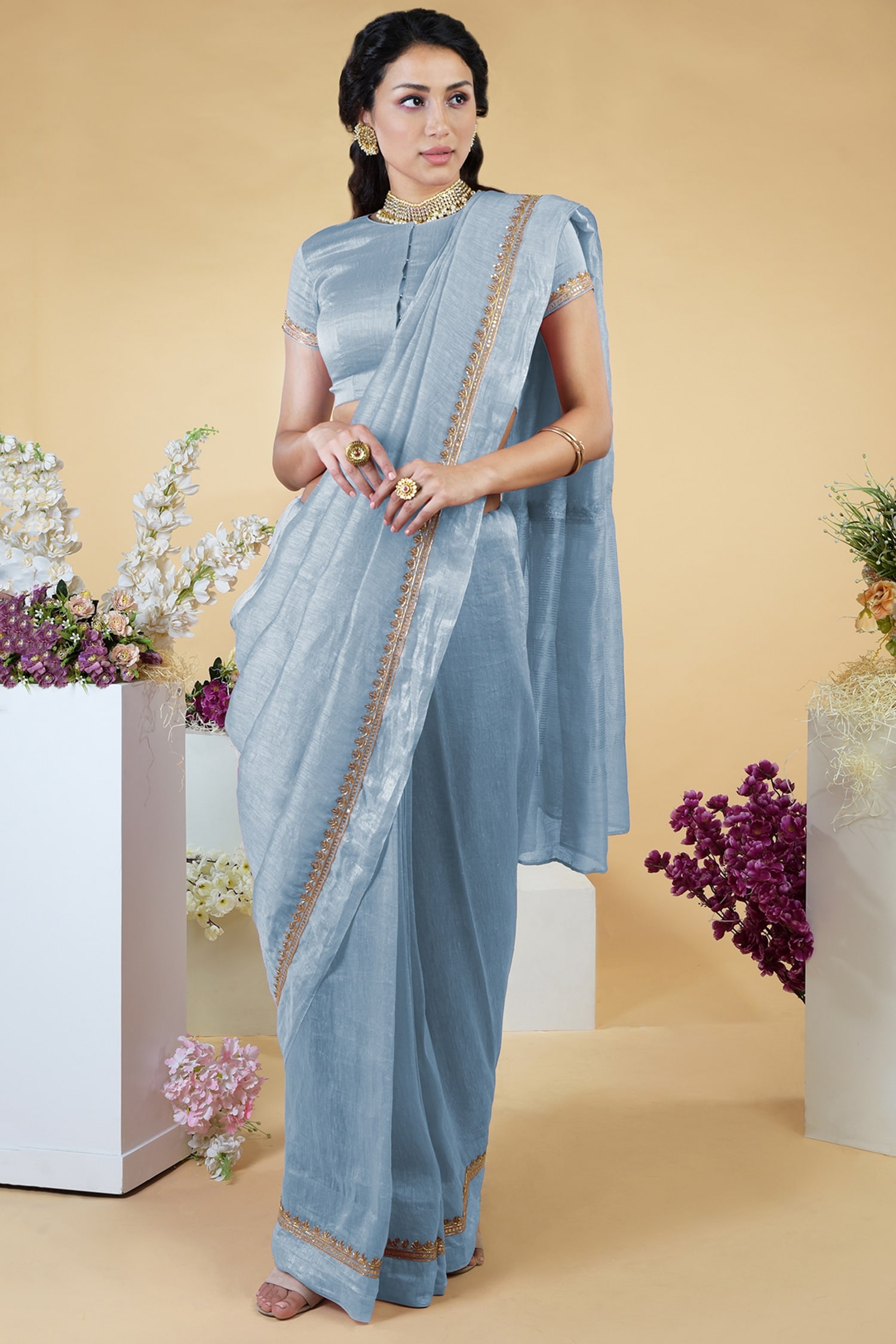 Buy Talking Threads Blue Linen Silk Saree And Blouse Set Online | Aza ...