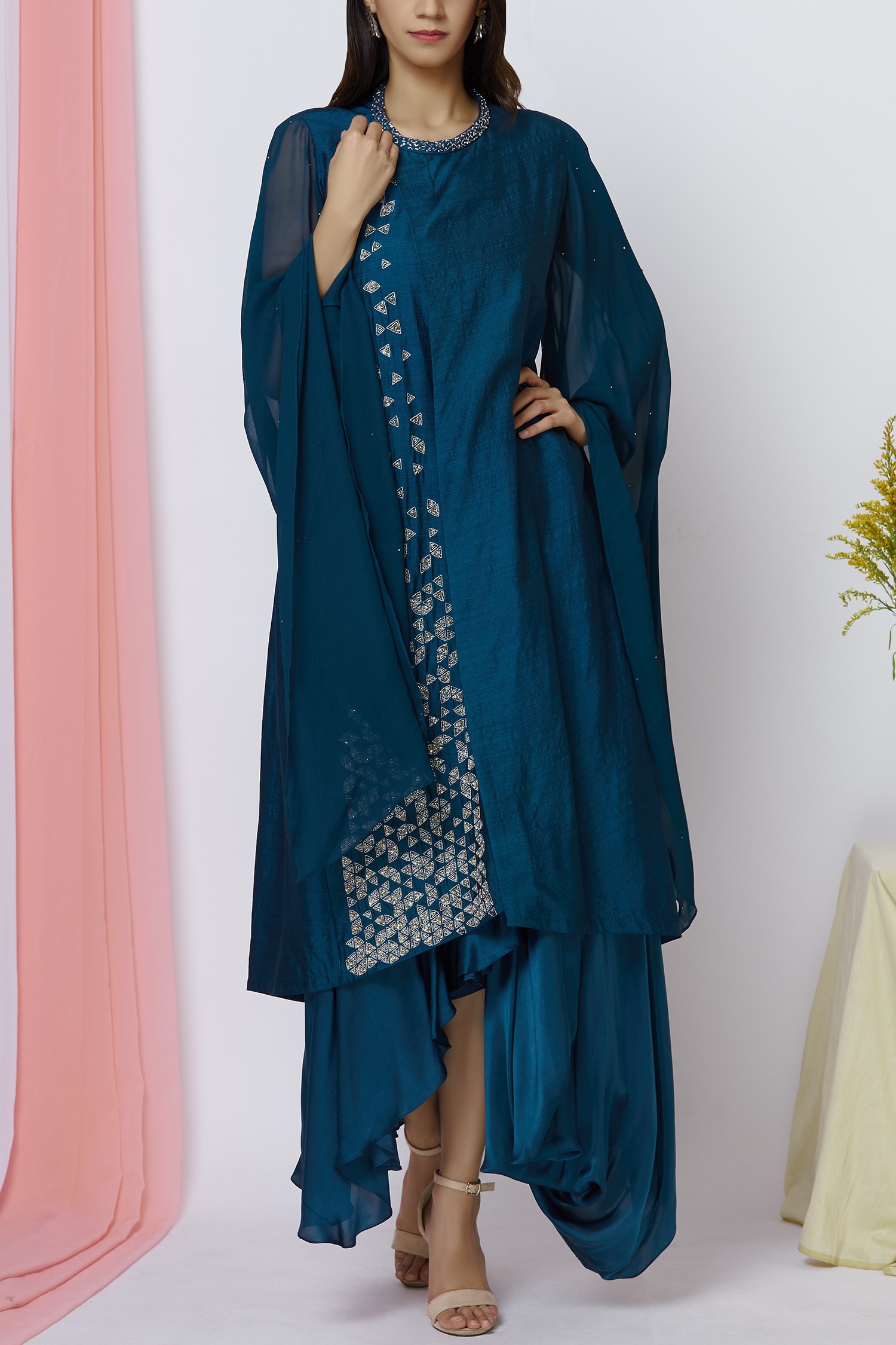 Ariyana Couture Blue Tussar Round Neck Draped Tunic For Women