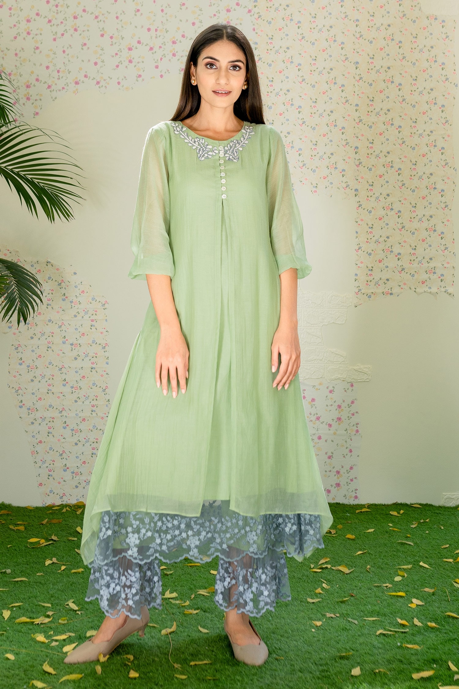 Naaz By Noor Green Chanderi Asymmetric Kurta And Palazzo Set