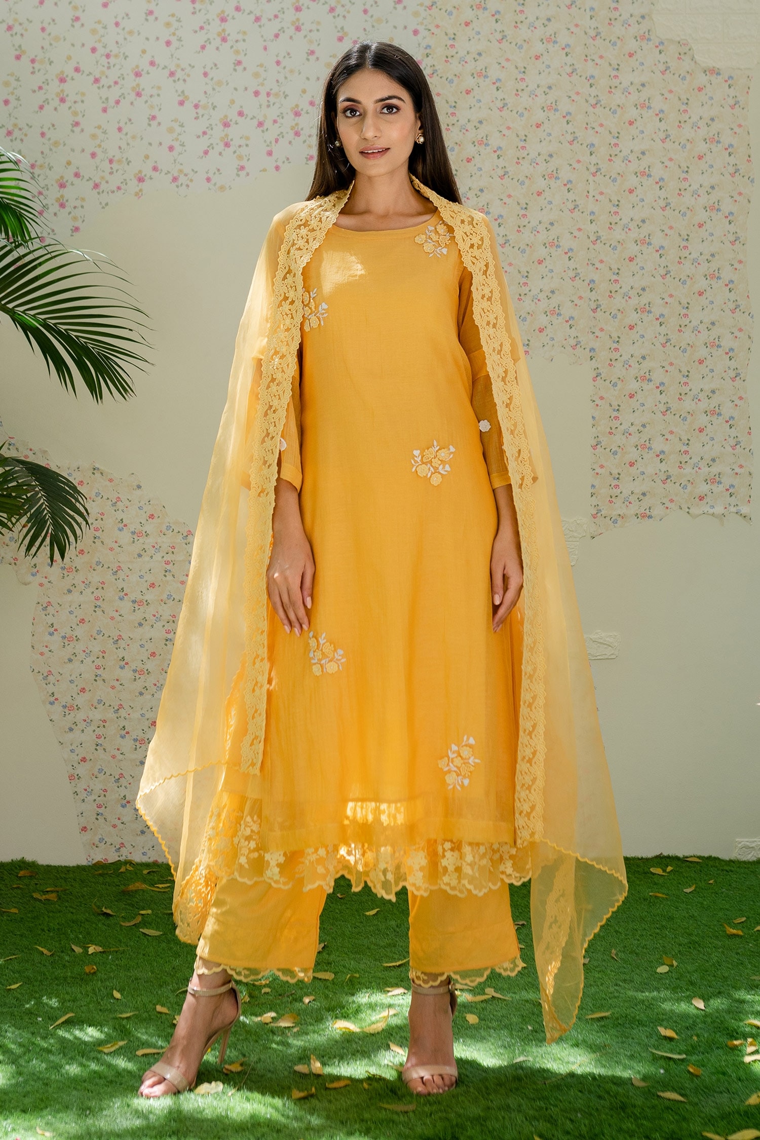 Naaz By Noor Yellow Chanderi Floral Embroidered Kurta Set