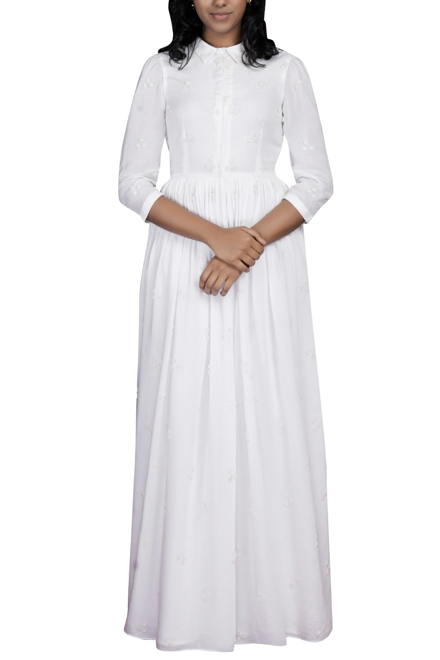 Buy White Cotton Shirt Collar Gown For Women by Shasha Gaba Online at