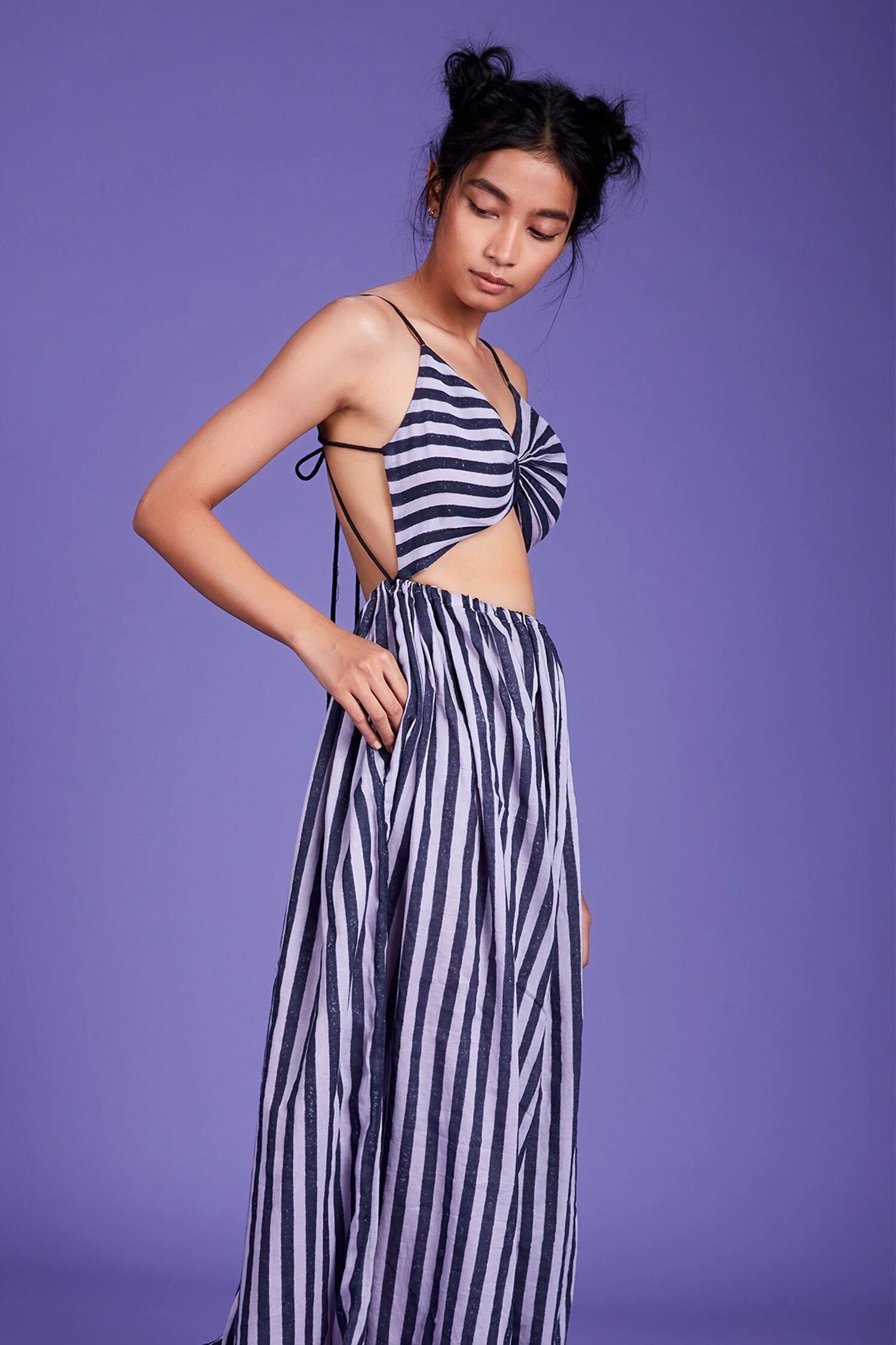 Buy Mati Purple Cotton Mul Block Print Maxi Dress Online | Aza Fashions