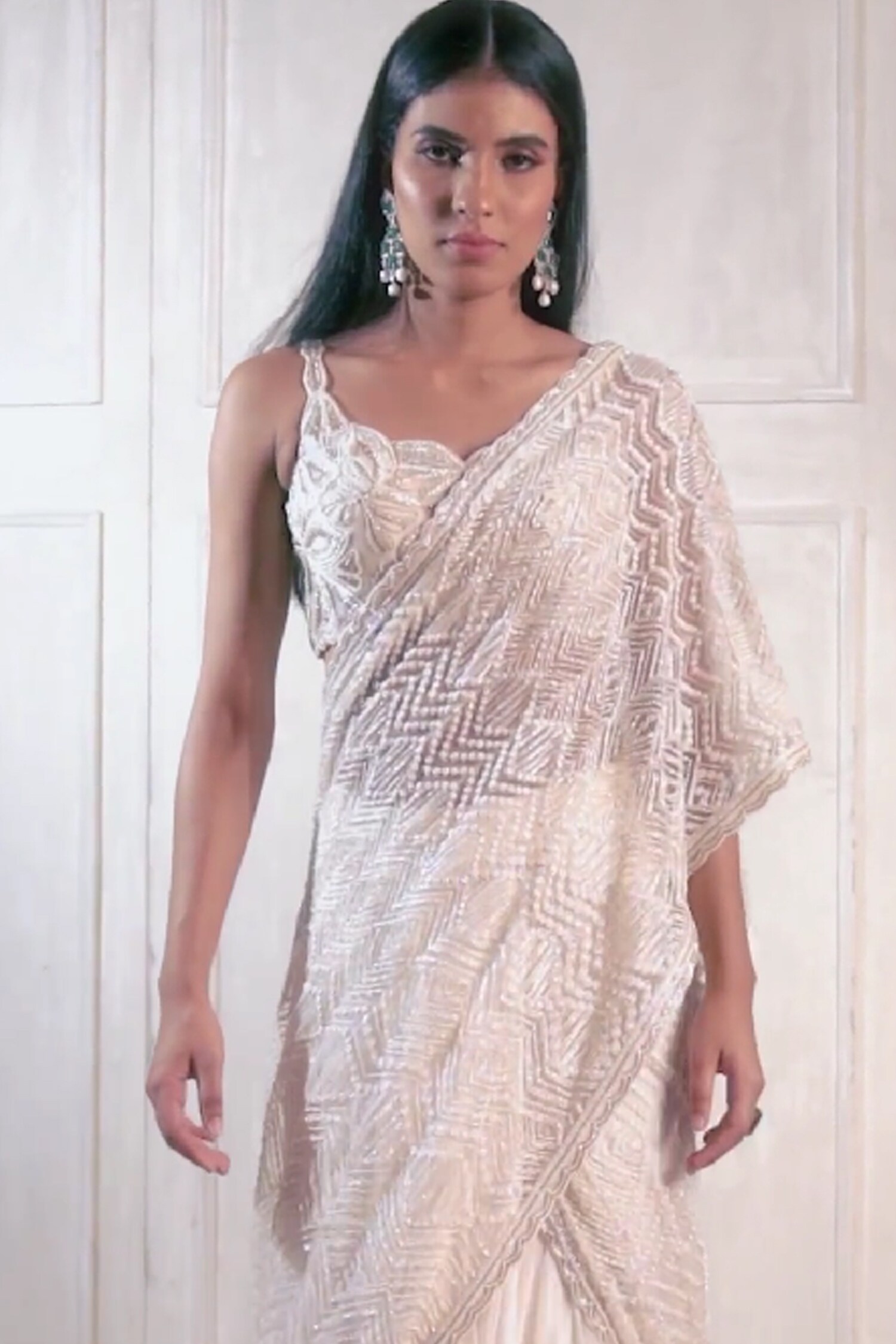 Shop_Ritika Mirchandani_Gold Net Embroidered Pre-draped Lehenga Saree With Blouse_Online_at_Aza_Fashions