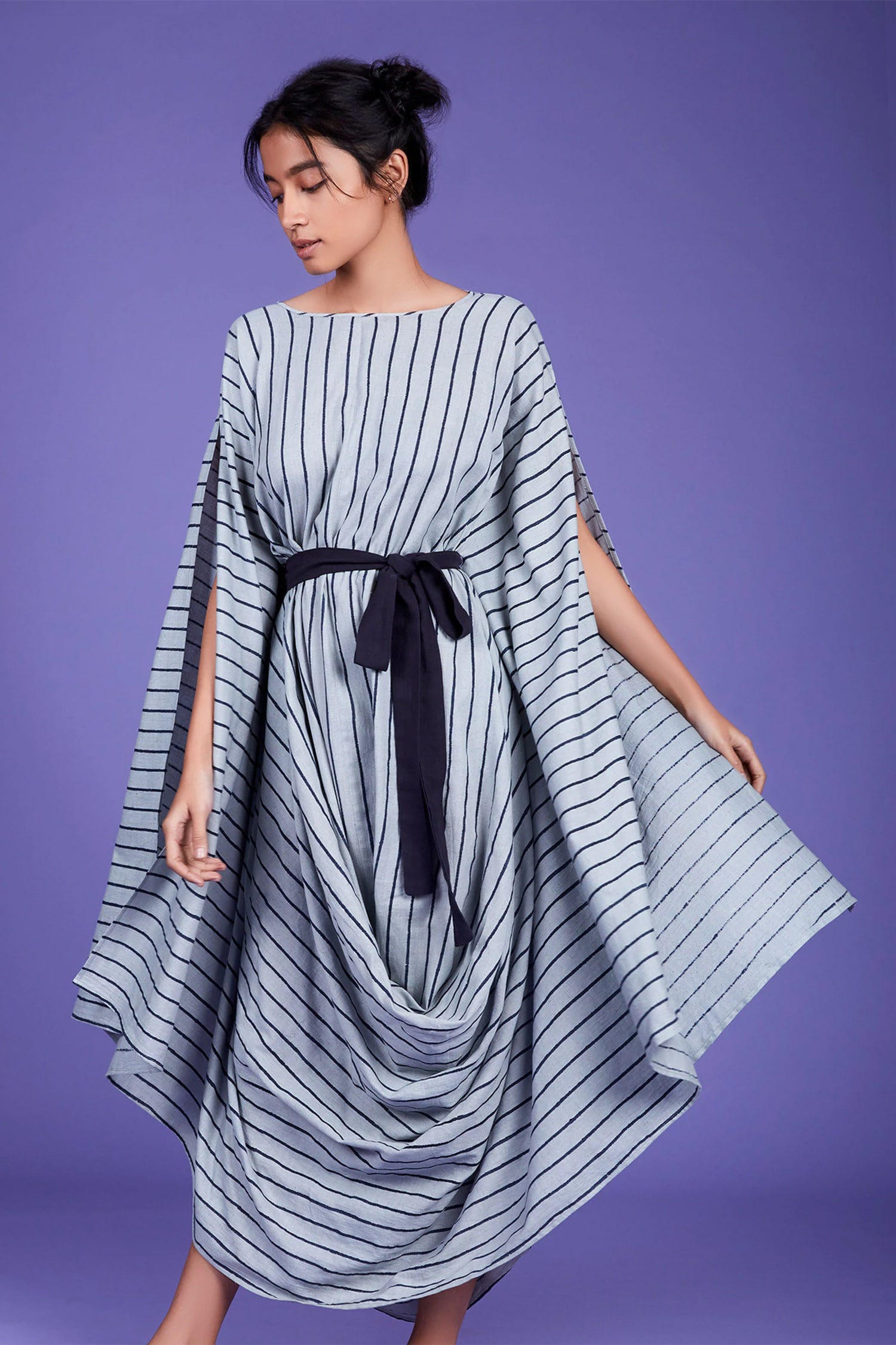 Buy Mati Blue Cotton Striped Cowl Dress Online | Aza Fashions