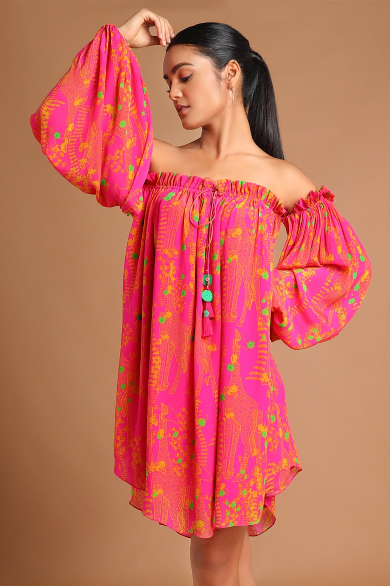 Buy Pink Crepe Printed Off Shoulder Dress For Women by Masaba Online at ...