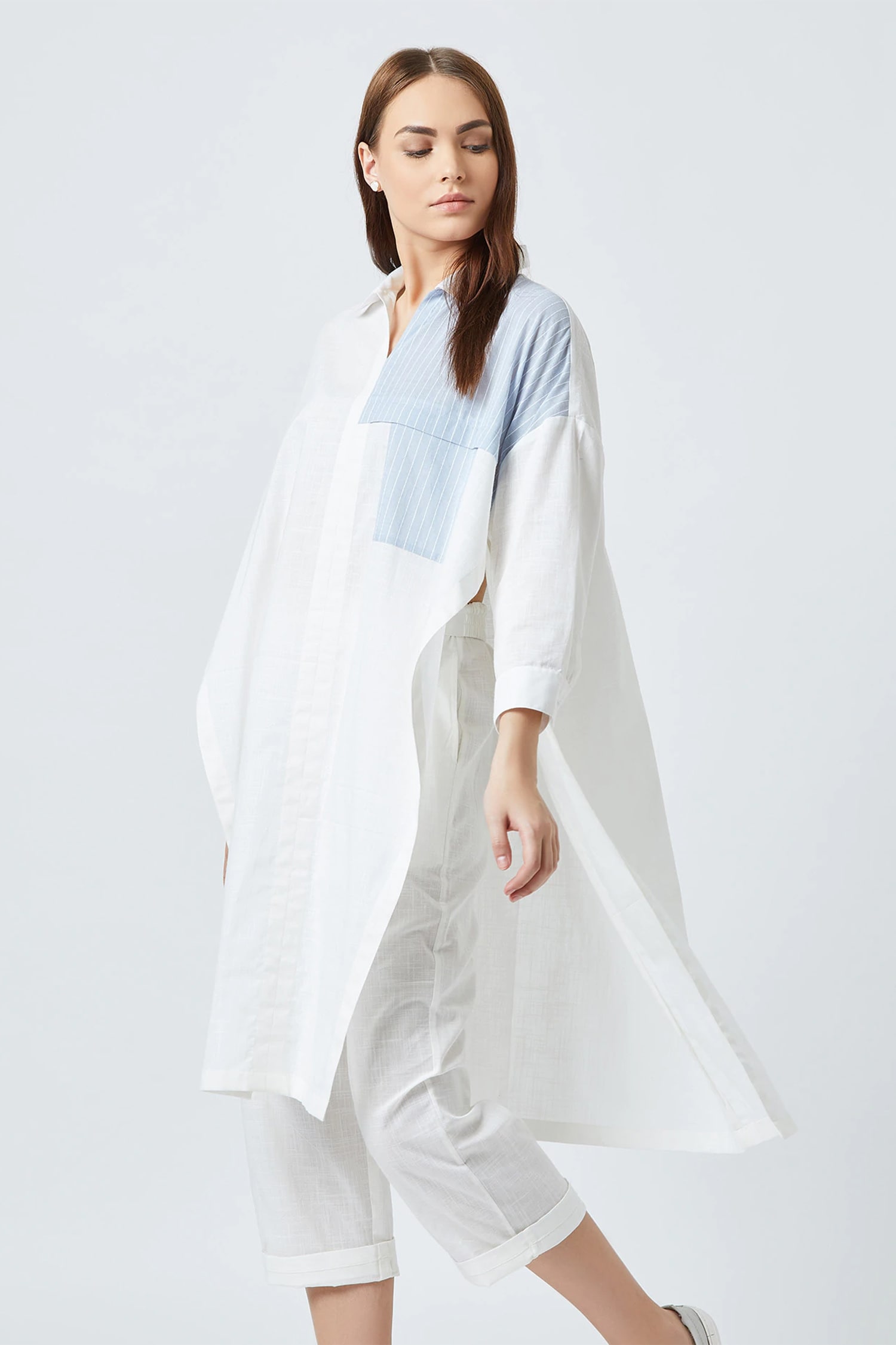 Buy White Upcycled Cotton Spread Collar High Low Tunic For Women by ...