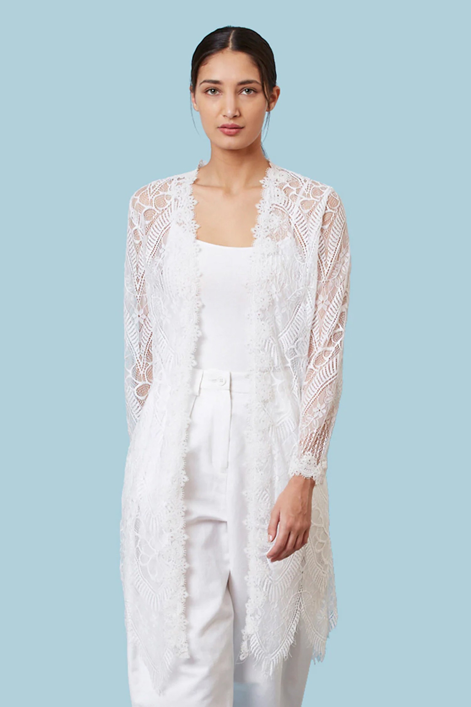 Buy White Lace Embroidery Open Sheer Cape For Women by Genes Hemant Online at Aza Fashions.