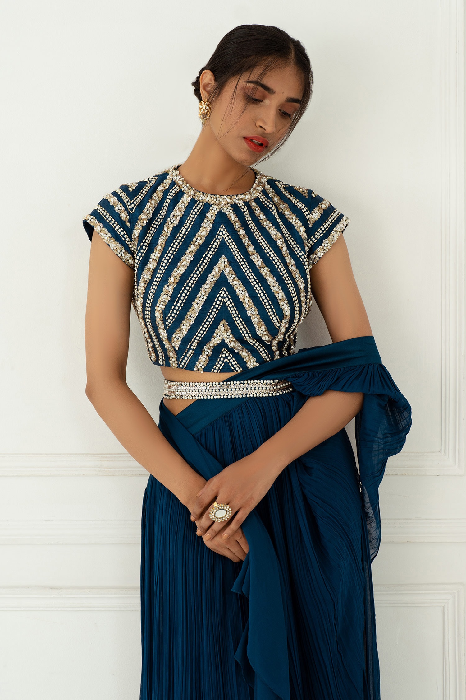 Peach Pre-Draped Ruffled Embellished Silk Saree With Blouse - Nidhika  Shekhar- Fabilicious Fashion