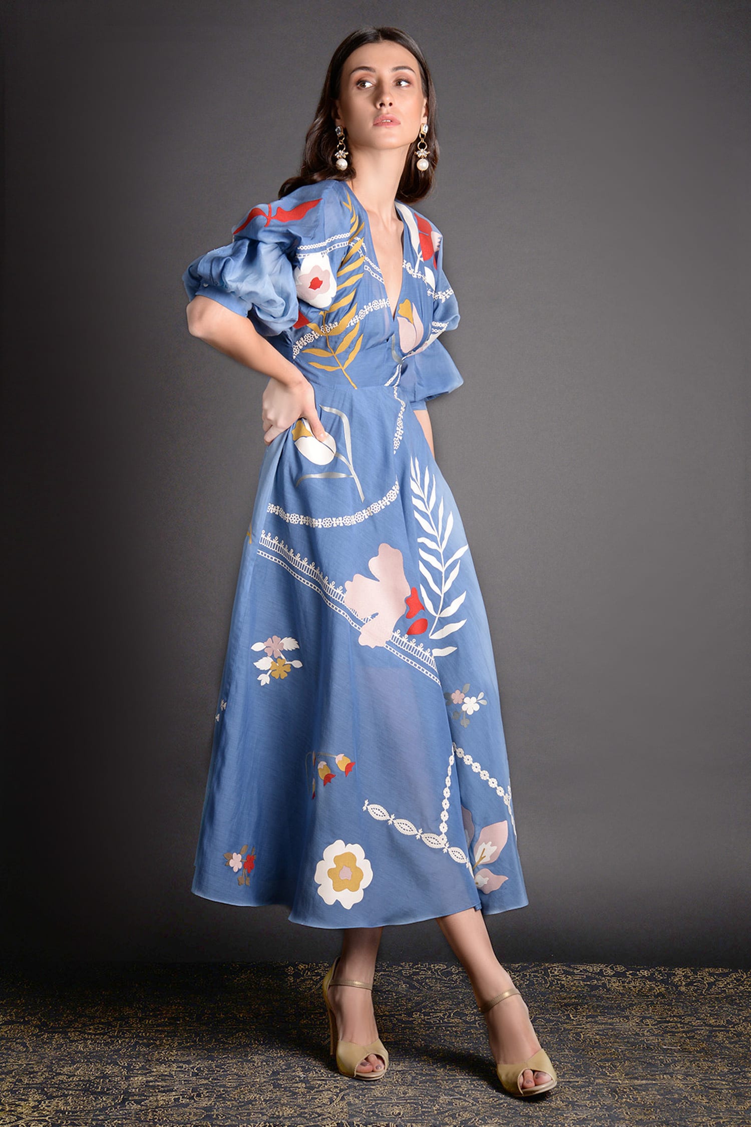Sahil Kochhar Blue Viscose Voile V Neck Mehr Handcrafted Midi Dress For Women