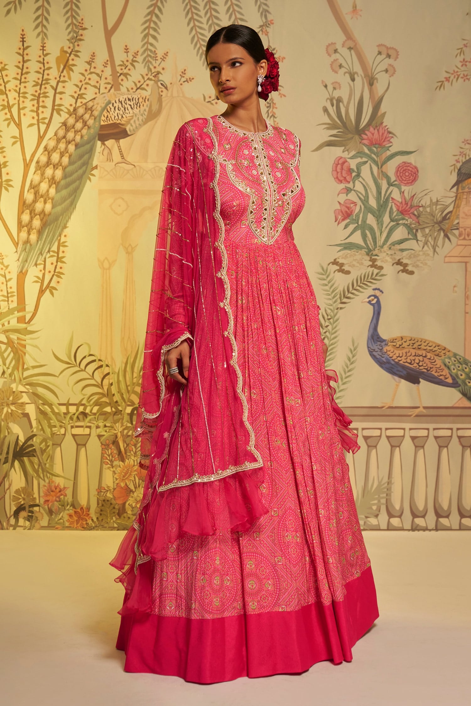 Aayushi Maniar - Pink Anarkali Crepe Silk Printed Bandhani Round With  Dupatta For Women