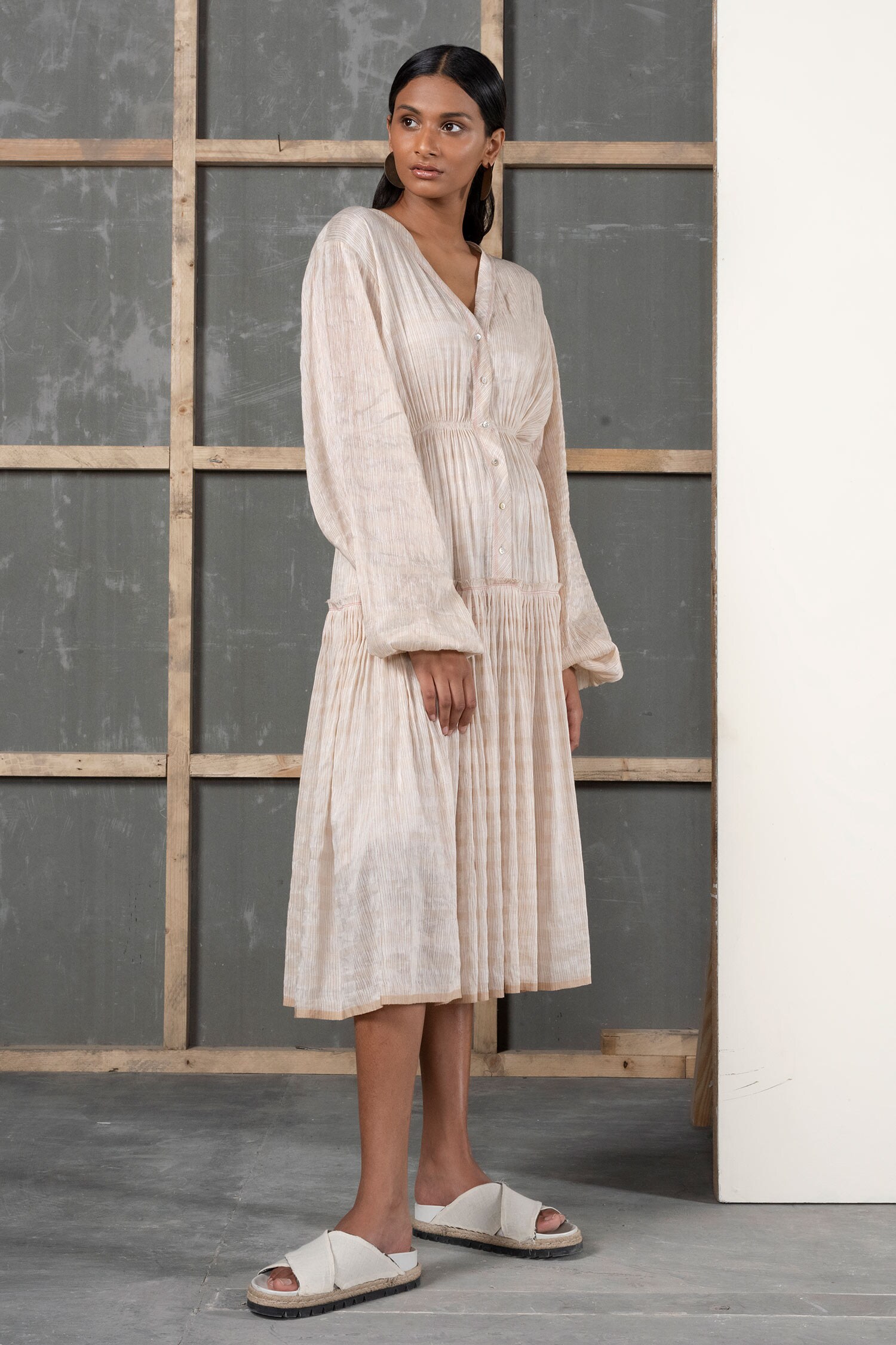 Buy Peach Handwoven Silk Linen V Neck Midi Dress For Women by Urvashi ...