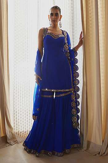 Embroidered Georgette Sweetheart Neck Kurta & Sharara With Dupatta