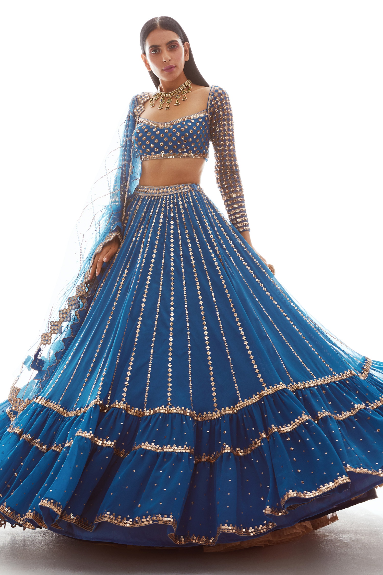 Vvani by Vani Vats Blue Georgette Sweetheart Neck Embroidered Lehenga Set For Women