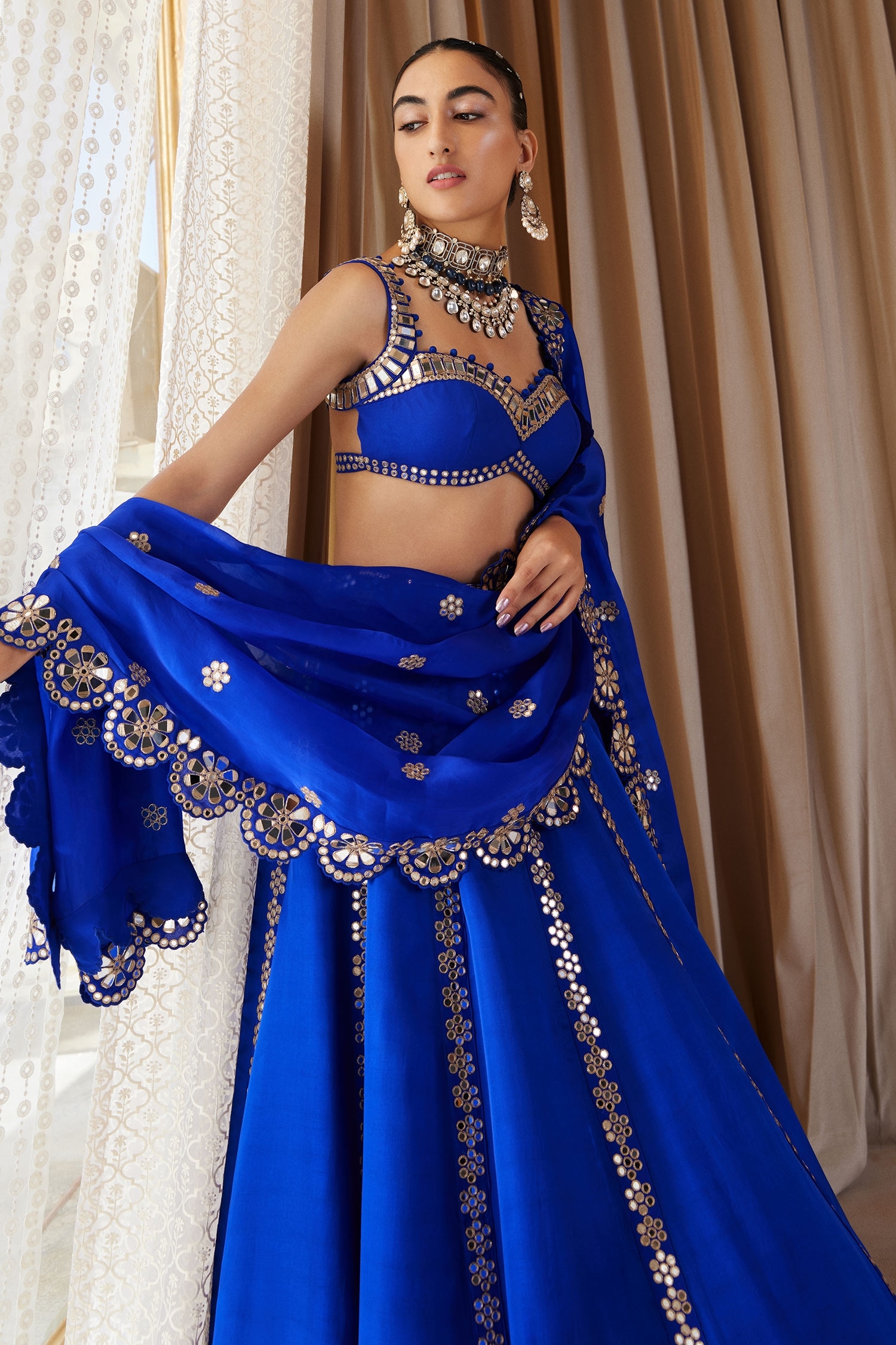 Buy Vvani By Vani Vats Blue Flower Linear Embroidered Lehenga Set