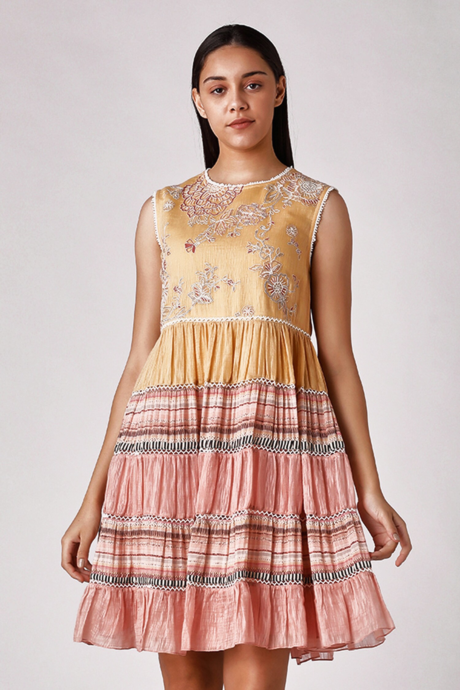 Buy VARQ by Varun Nidhika Yellow Cotton Silk Embroidered Tiered Dress Online Aza Fashions