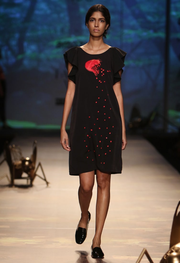 Buy Black pomegrante applique ruffled dress by Varun Bahl at Aza Fashions
