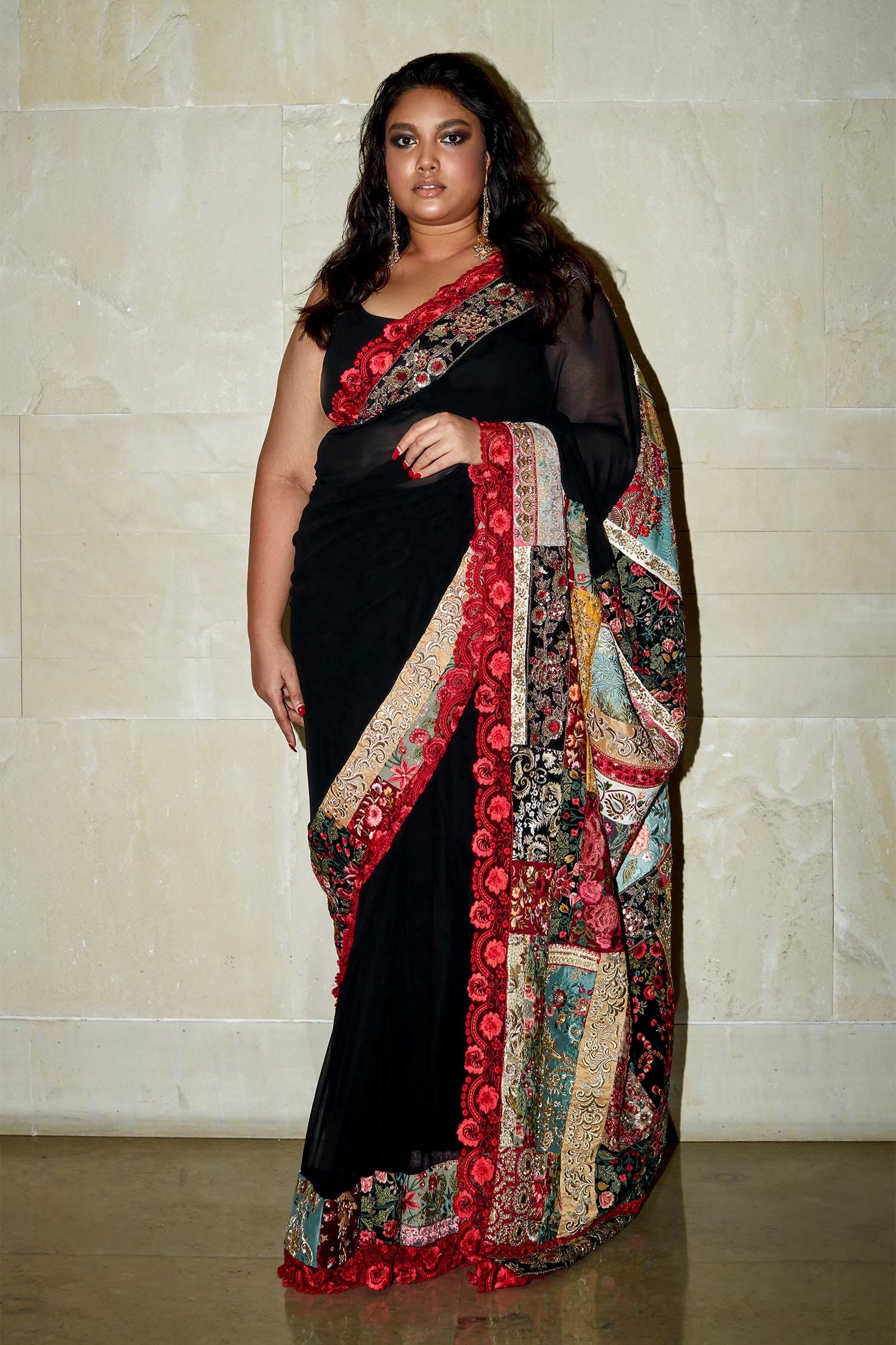 Sheer black saree with red embroidered border n blouse | Saree, Black saree,  Fashion