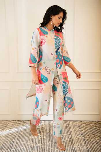 Buy Multi Color Chanderi Printed Amoeba Mandarin Collar Kurta And Pant ...