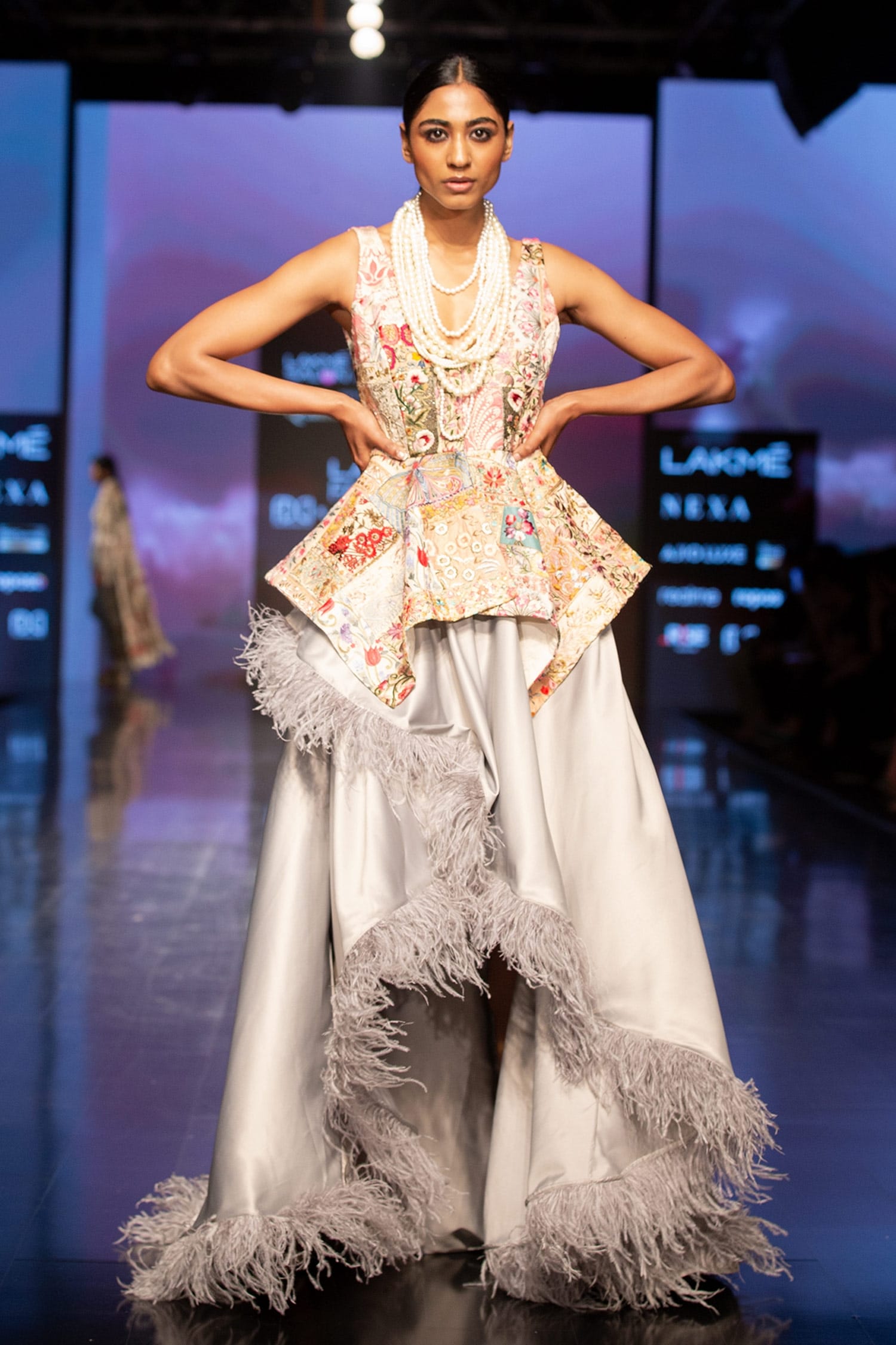 Varun Bahl Grey Silk Patchwork Floral V Neck Peplum Top And Skirt Set For Women