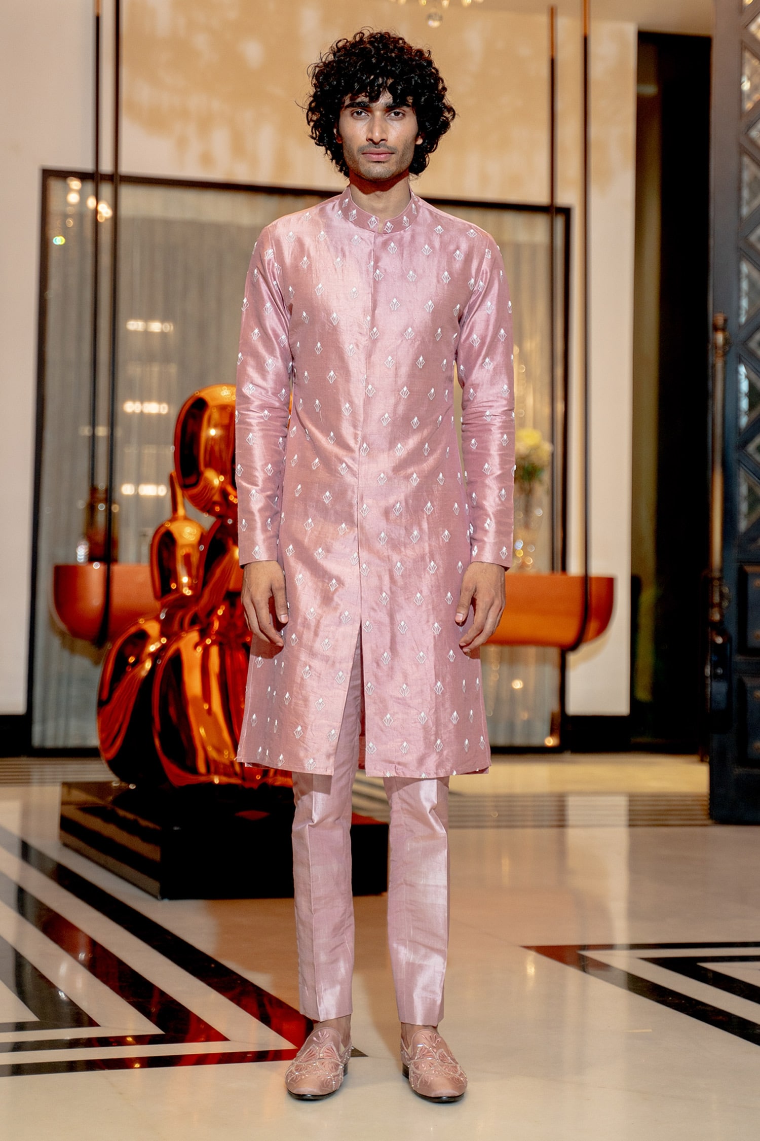 Varun Chakkilam Pink Silk Embroidered Kurta Set
