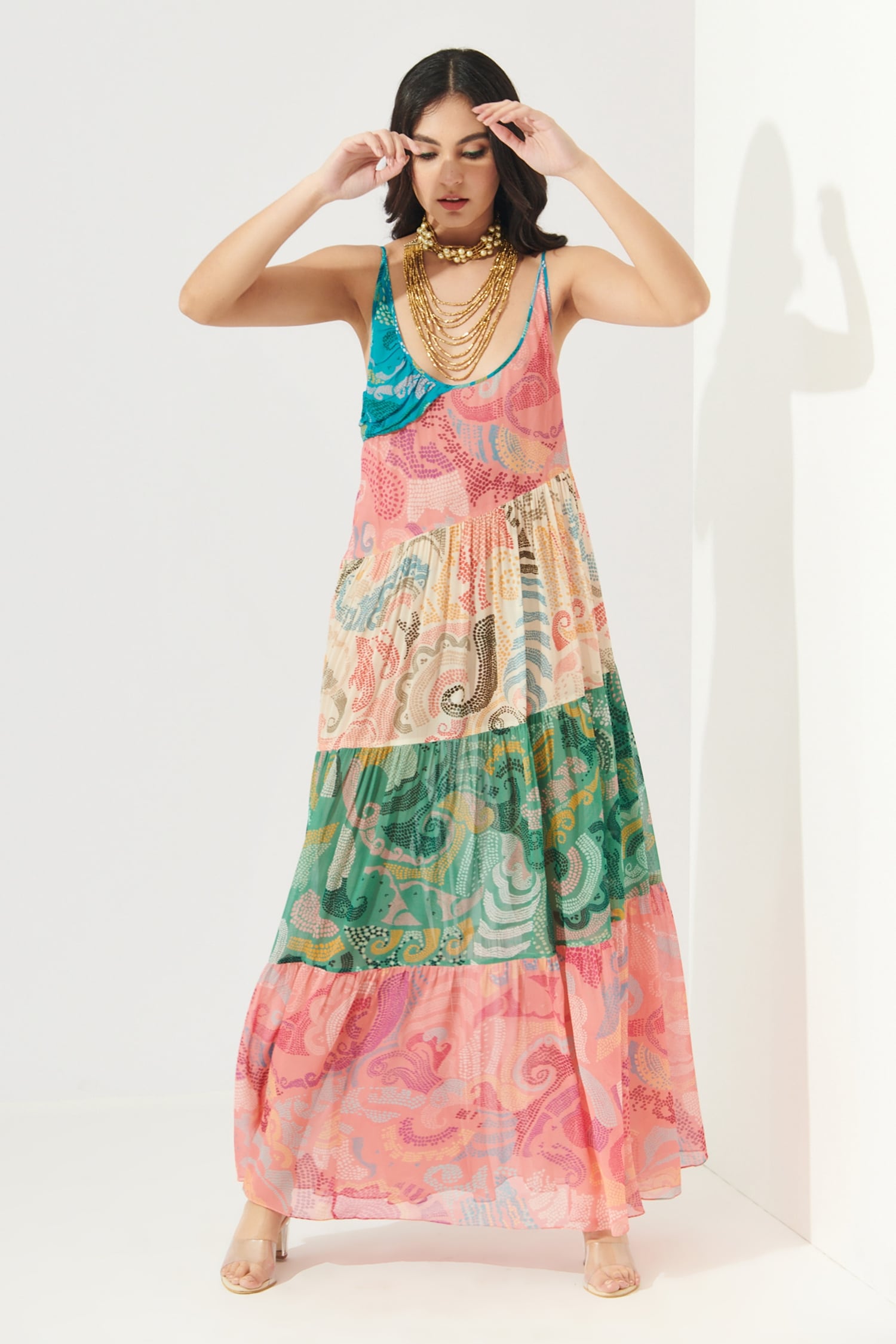 Verb by Pallavi Singhee Multi Color Viscose Georgette Strappy Tiered Dress