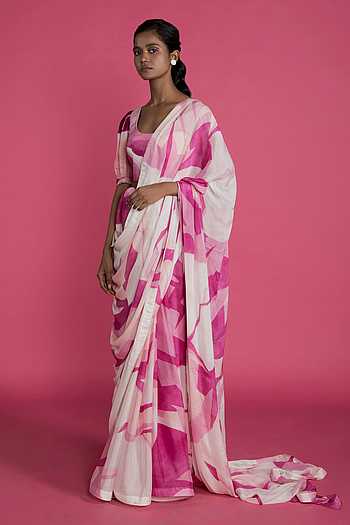 Buy Pink Saree Chiffon Blouse Silk Round Shaded Abstract Print