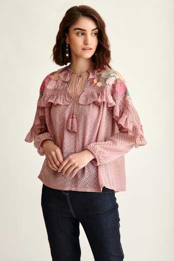 Nargis Pink Kashmiri Crewel Hand Embroidered  Cotton V-Neck Top