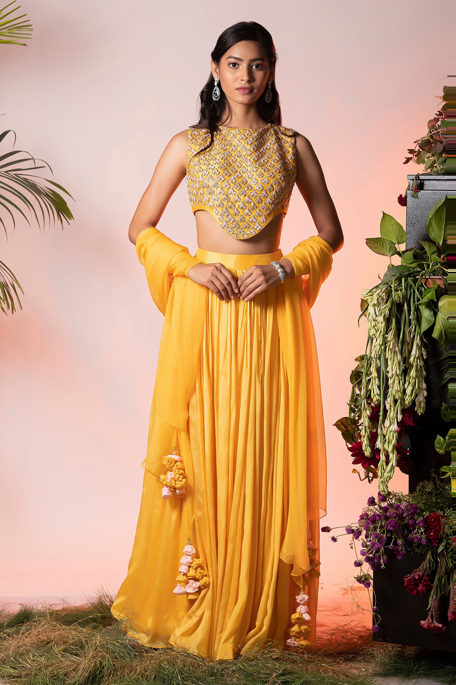 Buy Vidushi Gupta Yellow Chiffon Embroidered Lehenga Set Online | Aza ...