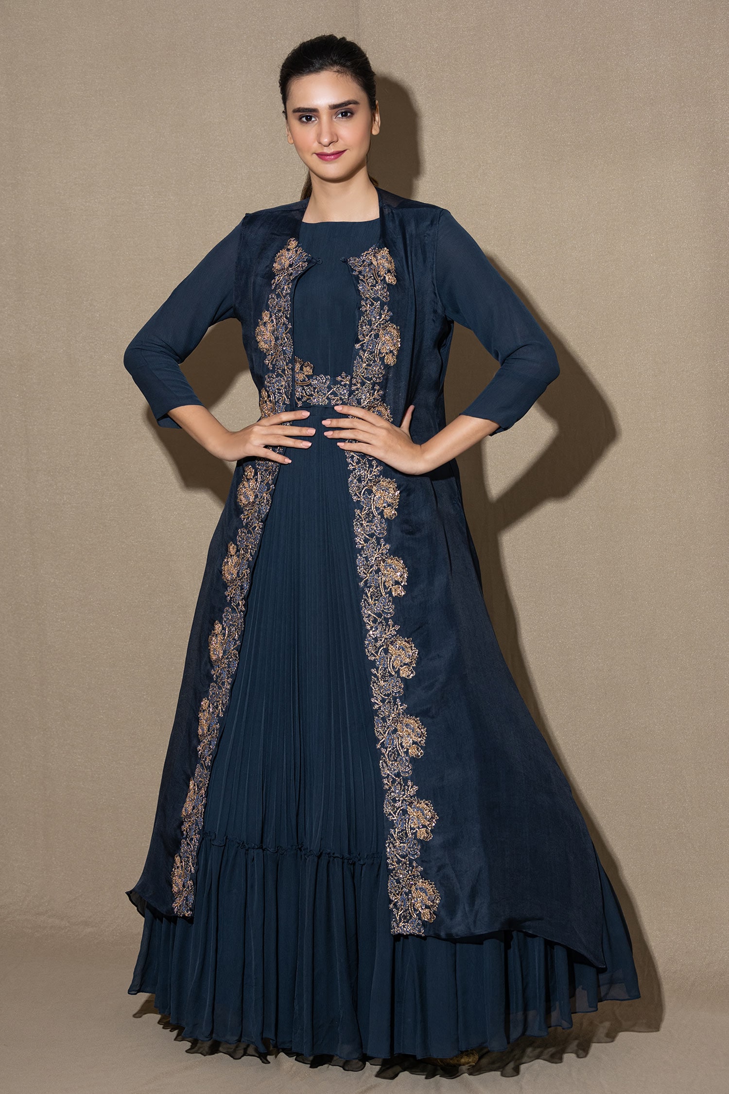 Buy Blue Chiffon Pleated Gown With Embroidered Jacket For Women by Vara ...