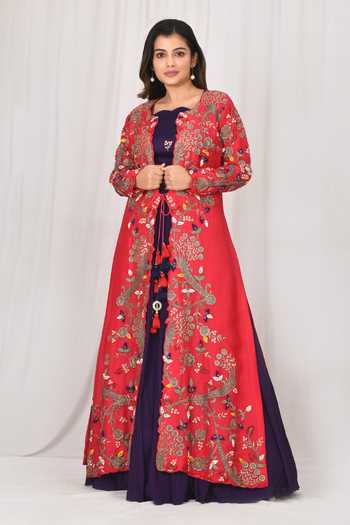 Red and Beige Brocade Embroidered Jacket Lehenga main image 0