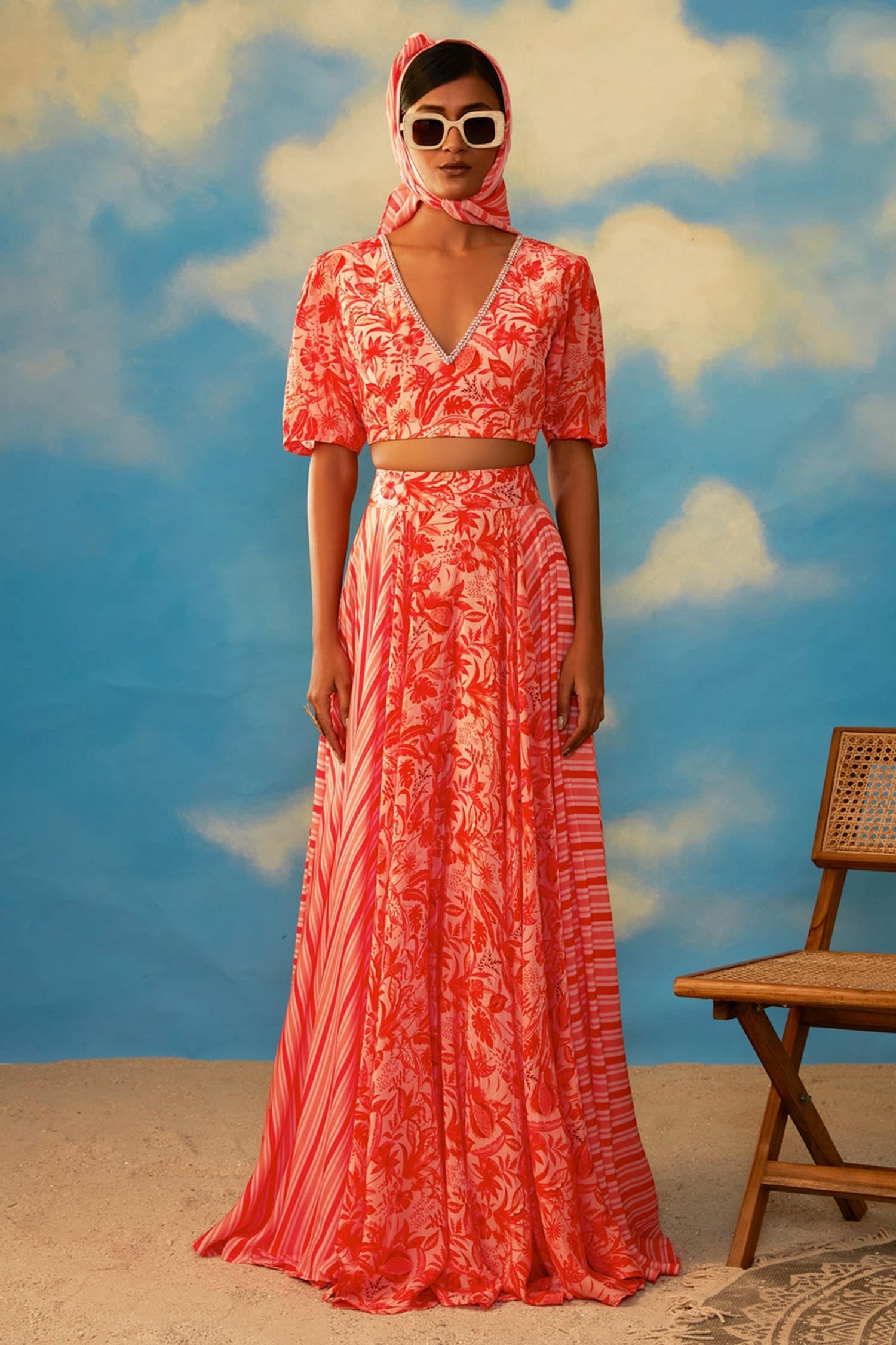 Rishi & Vibhuti Orange Crepe Printed Tropical V Neck Crop Top And Skirt Set For Women