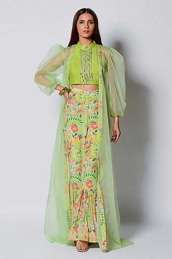 Red Bustier With Printed Cape & Gharara Sari