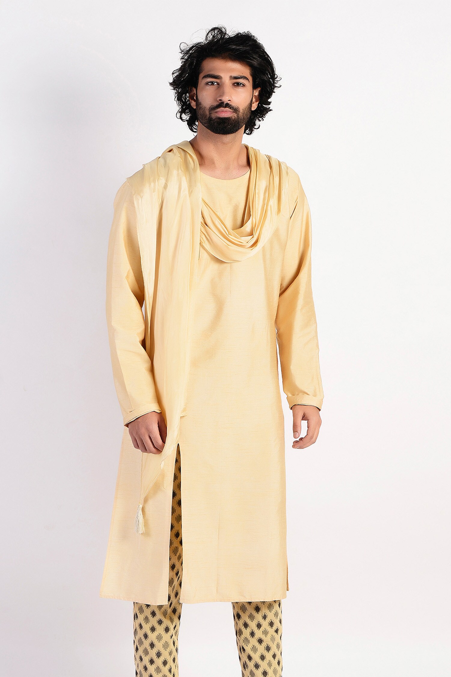Buy Rishi & Vibhuti Beige Dupion Straight Kurta With Attached Scarf