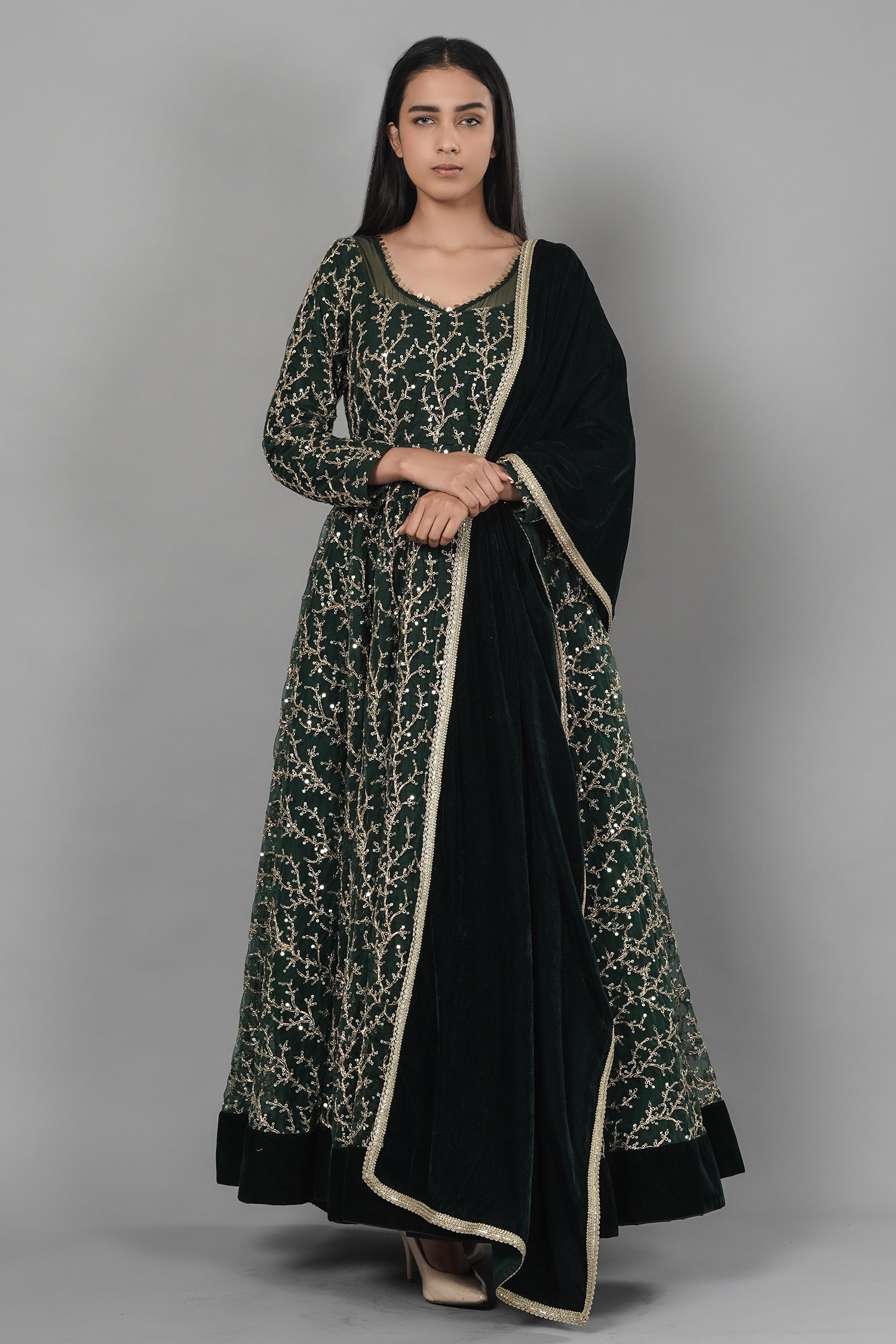 gown with velvet dupatta