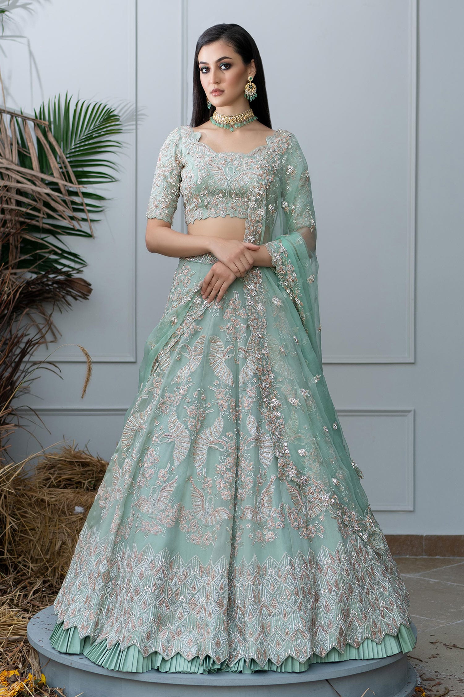 Buy Green Organza Boat Hand Embroidered Bridal Lehenga Set For Women By 