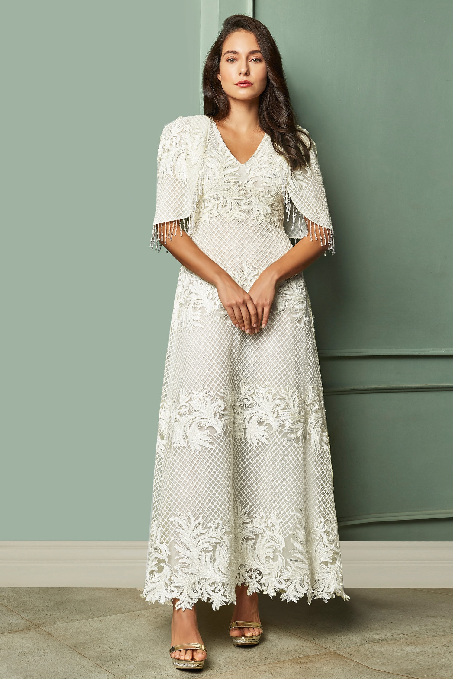 Shivani Awasty White Net V Neck Embroidered A-line Gown For Women