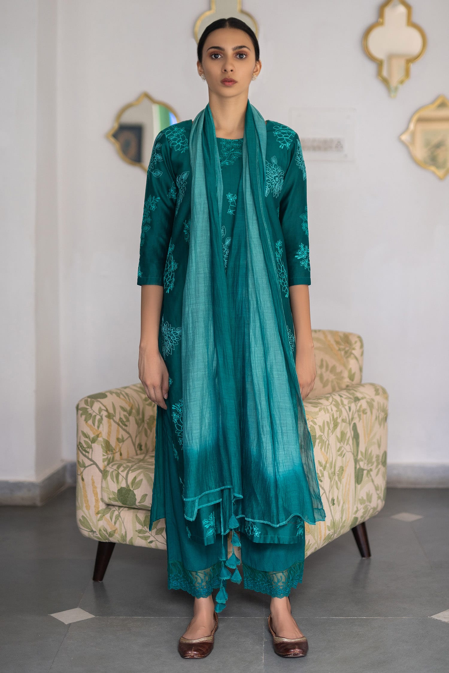 Buy Vaayu Green Embroidered Chanderi Kurta Palazzo Set Online Aza