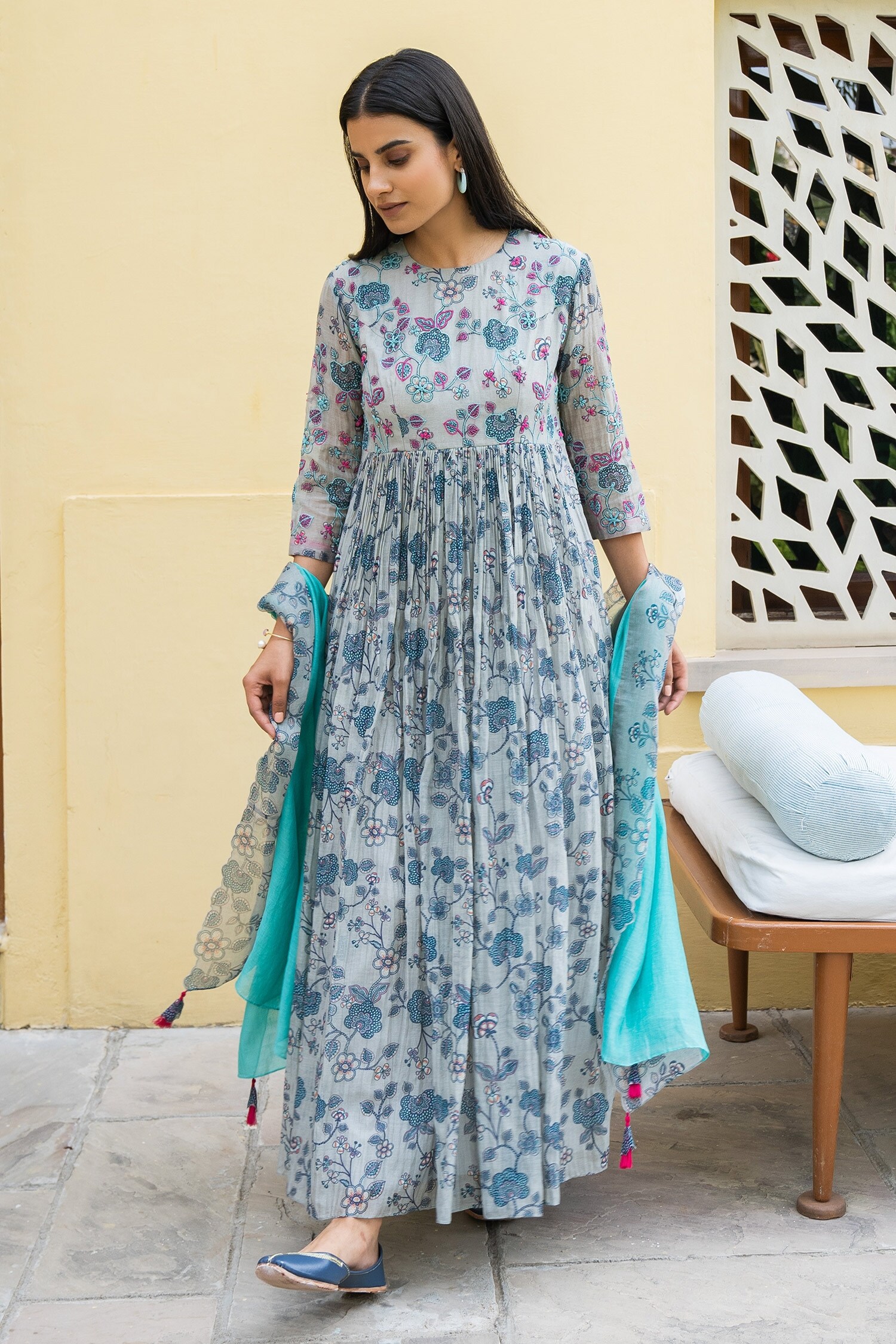 Buy Grey Muslin Cotton Printed Floral Round Anarkali With Dupatta For ...