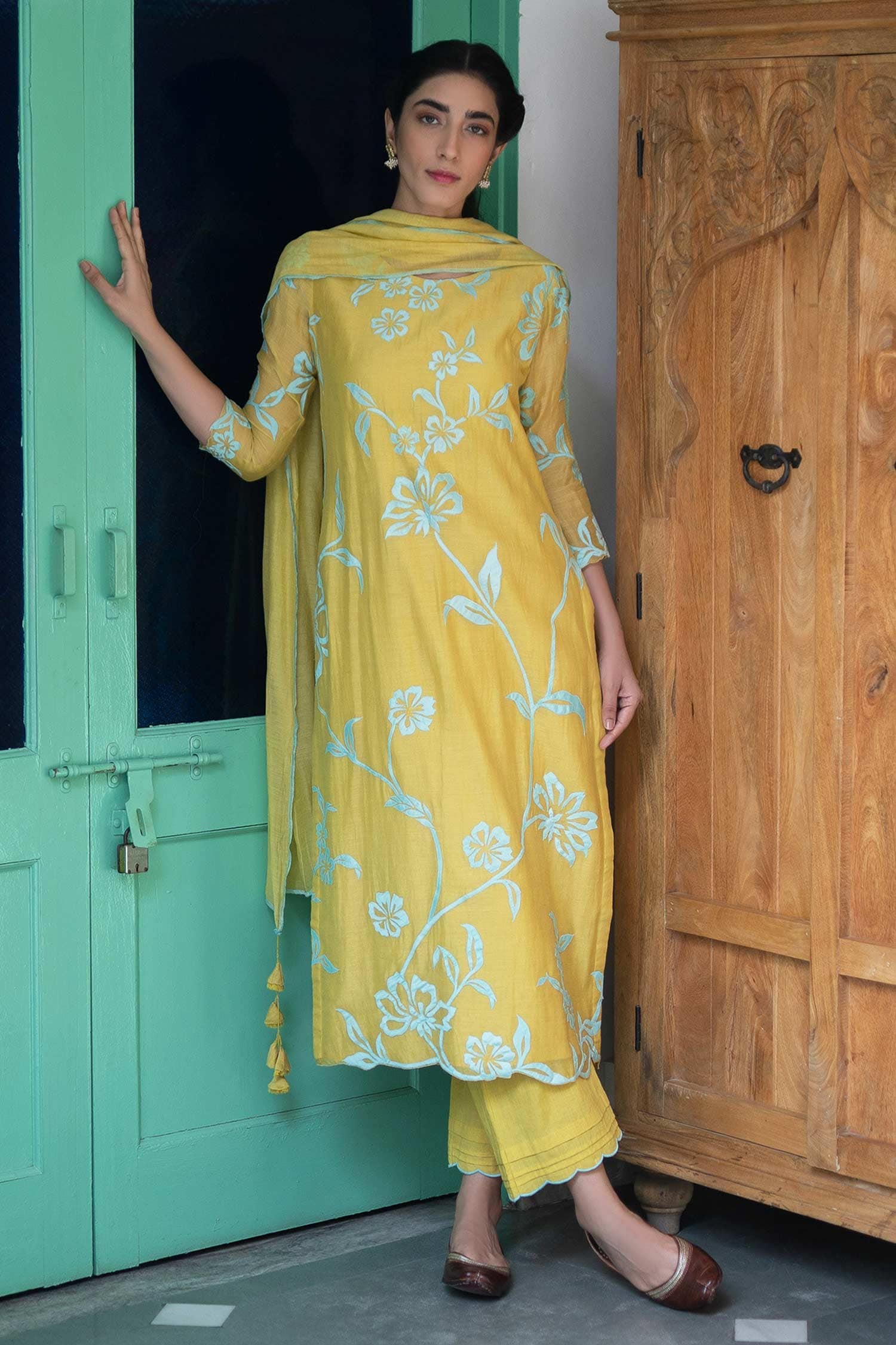 Buy Yellow Cotton Chanderi Round Embroidered Kurta Set For Women by ...