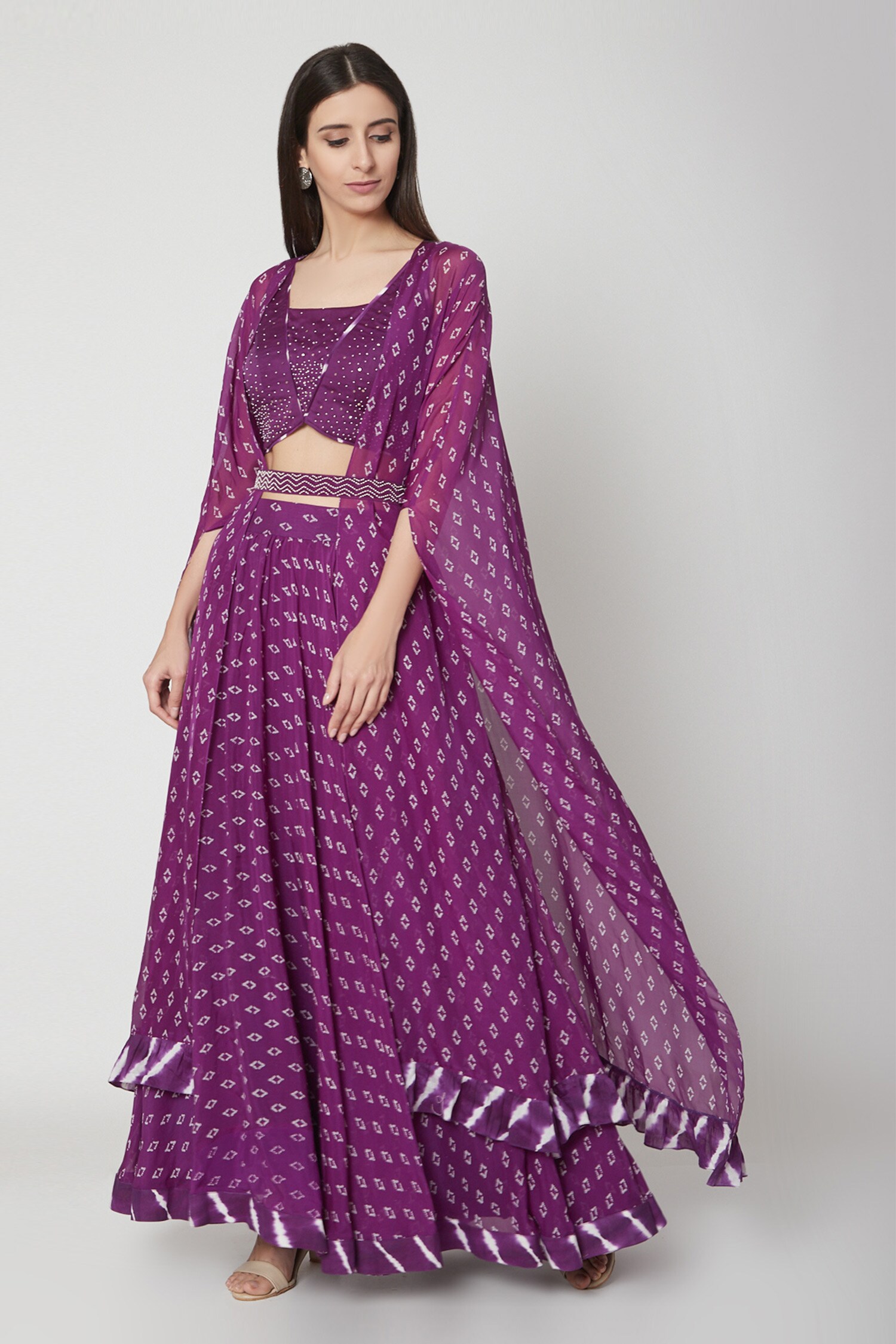 Buy Purple Modal Satin Square Neck Leheriya Bandhej Cape And Lehenga