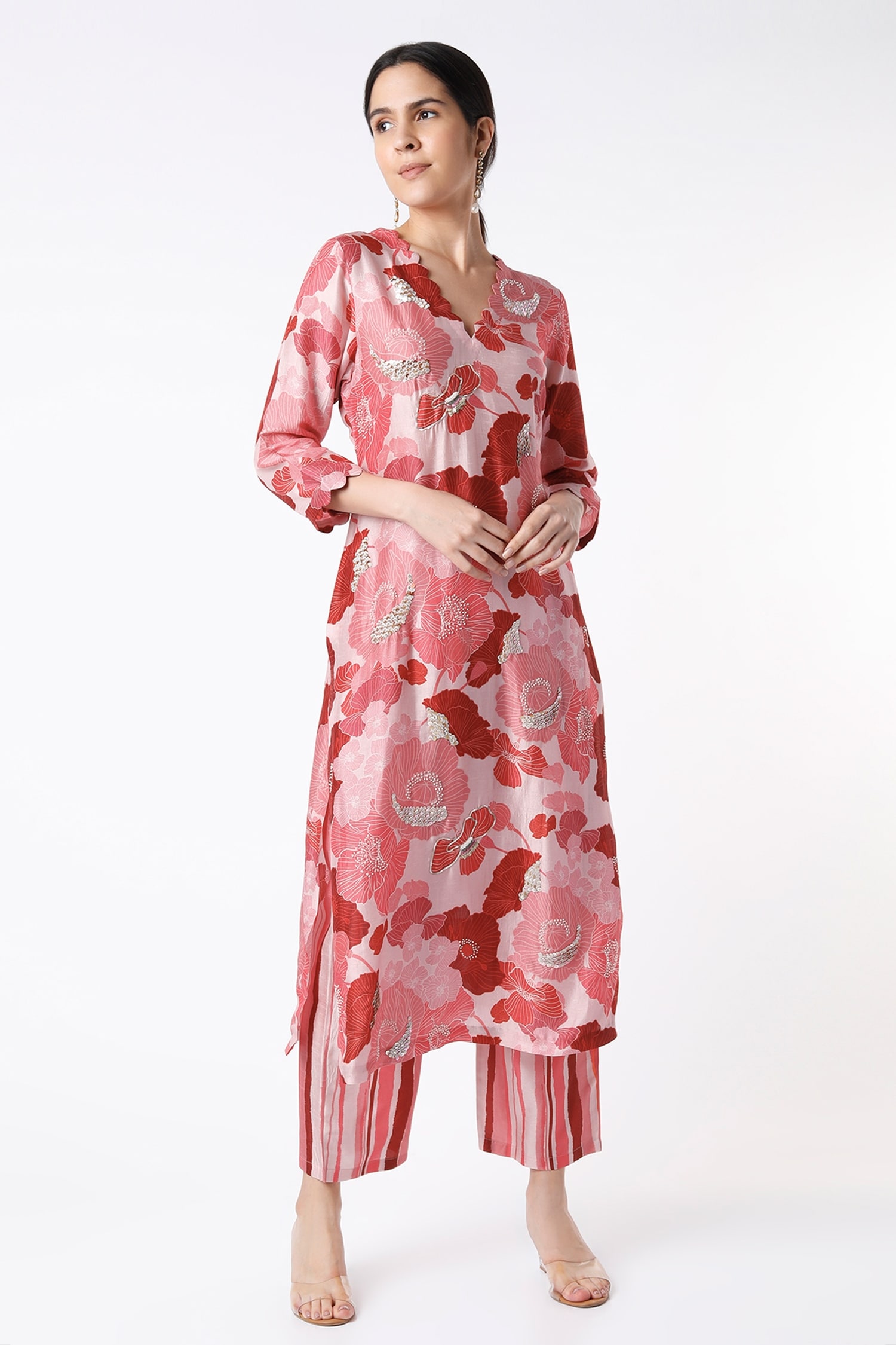 Buy Red Bamberg Silk Printed Floral And Stripes V Neck Kurta & Pant Set ...