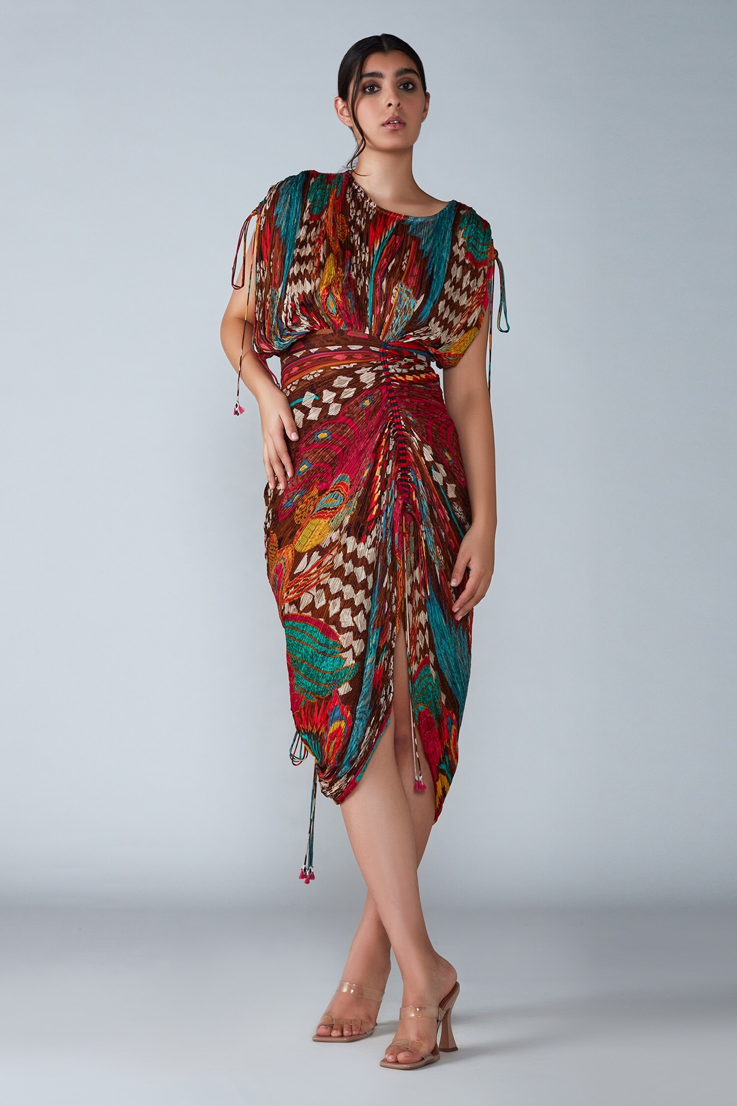 Saaksha & Kinni Brown Cotton Silk Abstract Bird Round Saree Dress For Women