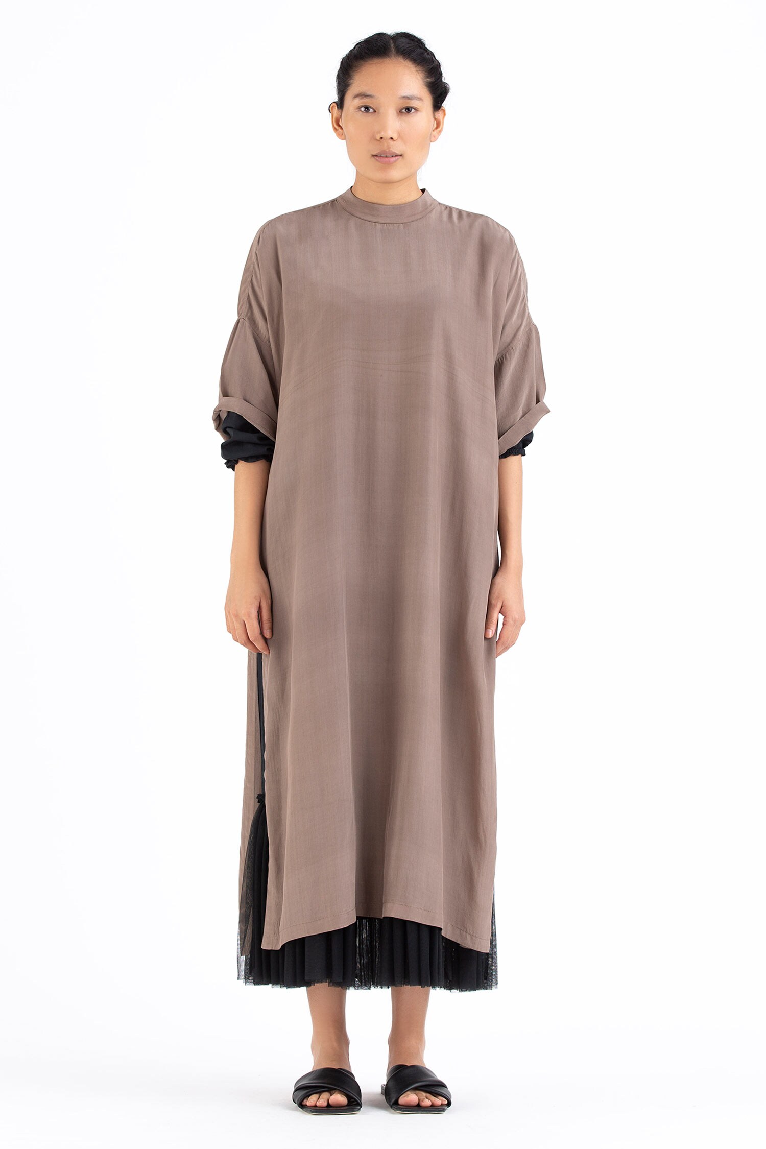 Buy THREE Brown Silk Midi Dress Online | Aza Fashions