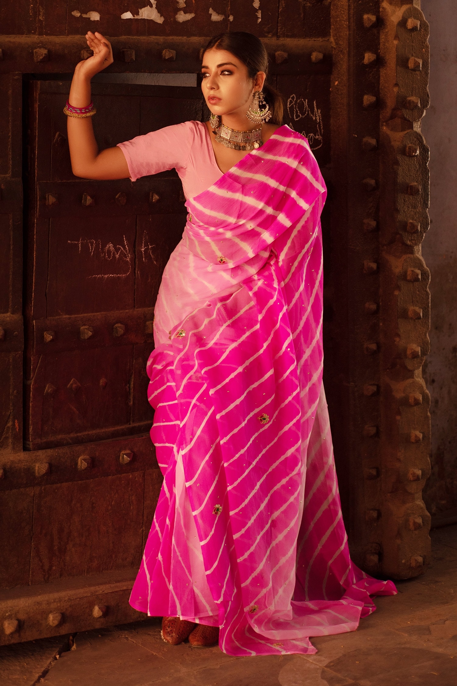 Buy Ruar India Pink Chiffon Leheriya Saree With Blouse Online | Aza ...