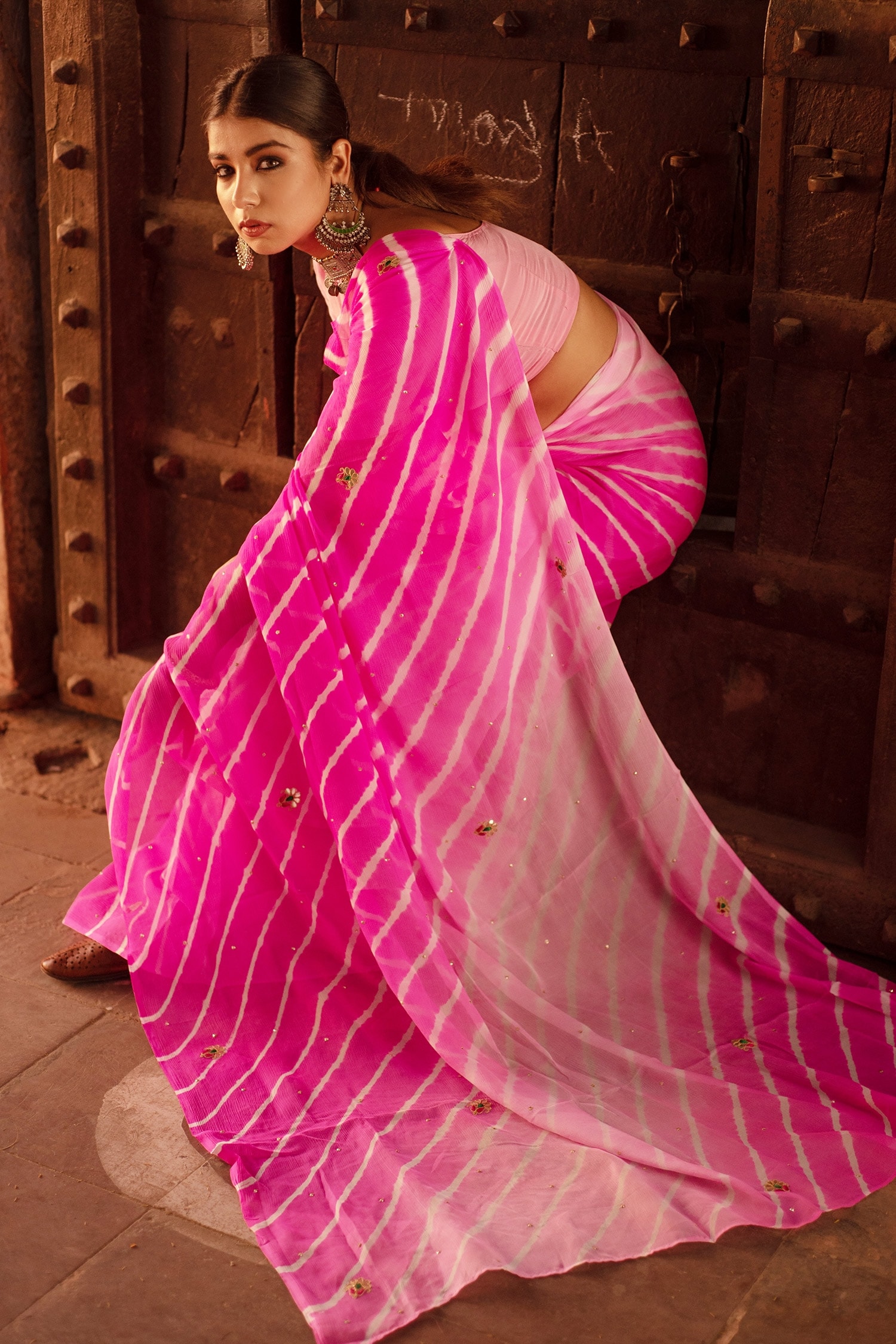 Indian Rajasthani Traditional 2024 chiffon Leheriya Saree with Gotapetti Border with blouse pink color bridal wedding women saree